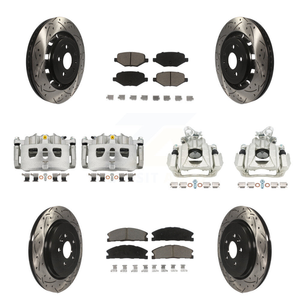 Front Rear Brake Caliper Drill Slotted Rotor Ceramic Pad Kit (10Pc) For 2016 Lincoln MKS KCD-100400C