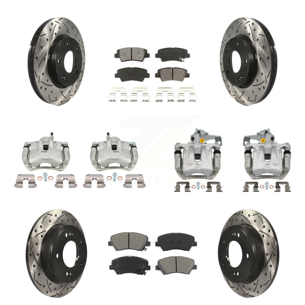 Front Rear Brake Caliper Drill Slotted Rotor Semi-Metallic Pad Kit (10Pc) For Hyundai GT KCD-100404S
