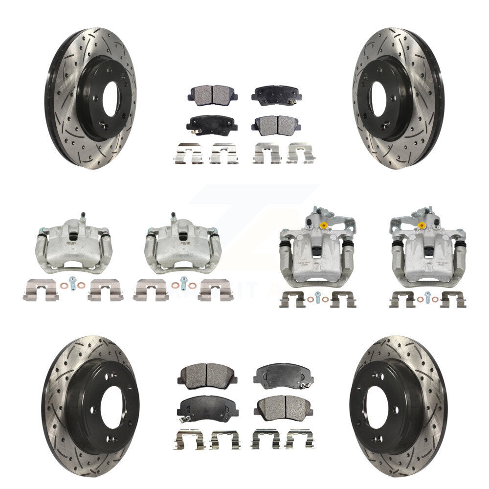 Front Rear Brake Caliper Drill Slotted Rotor Semi-Metallic Pad Kit (10Pc) For Hyundai GT KCD-100412P
