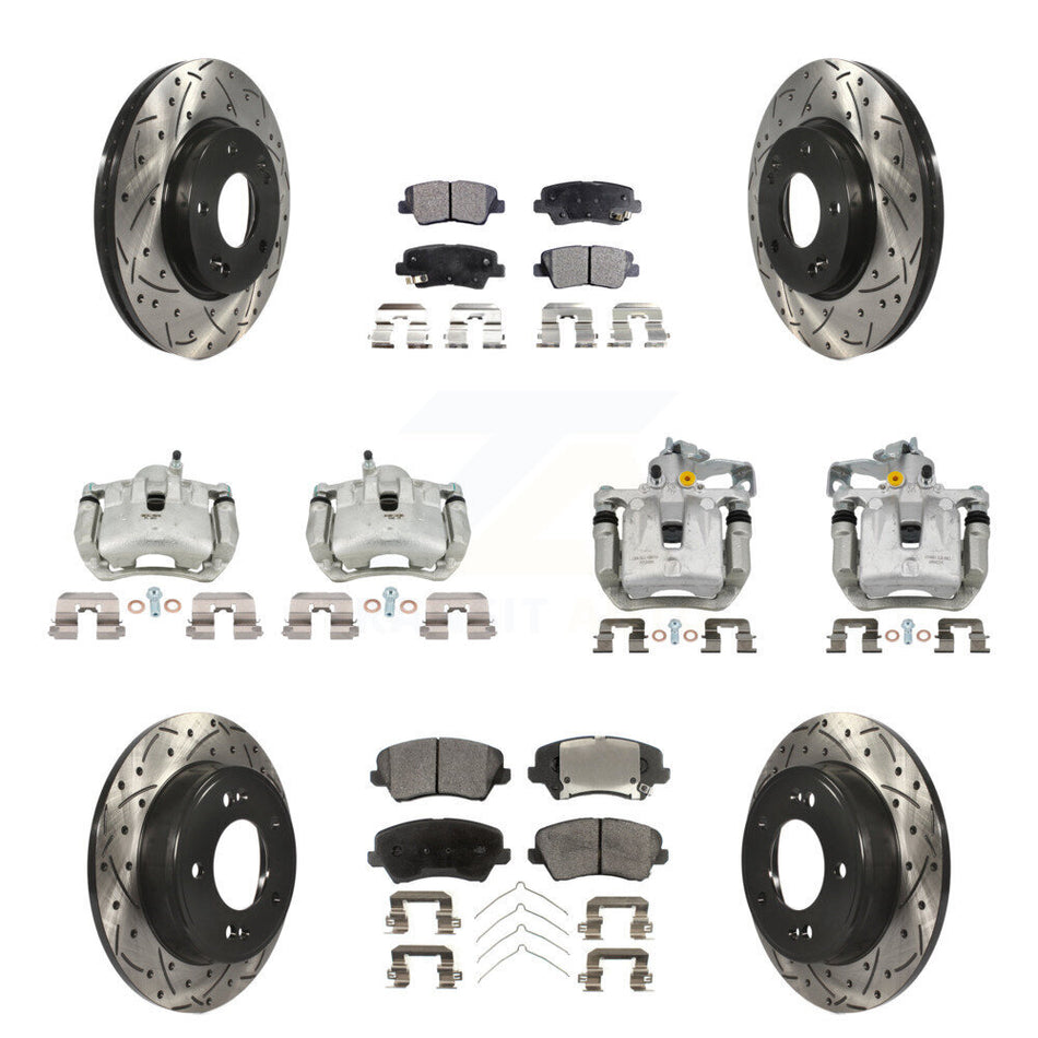 Front Rear Brake Caliper Drill Slotted Rotor Semi-Metallic Pad Kit (10Pc) For Hyundai GT KCD-100415P