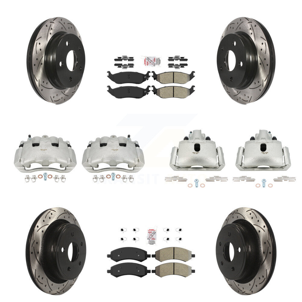Front Rear Disc Brake Coated Caliper Drilled Slot Rotor Semi-Metallic Pad Kit (10Pc) For KCD-100417N