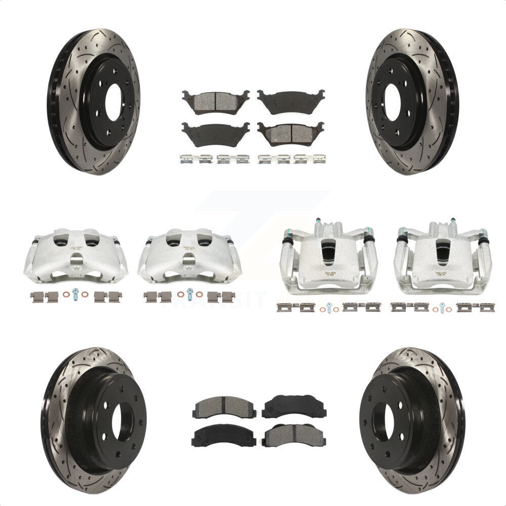 Front Rear Disc Brake Coated Caliper Drilled Slotted Rotors And Semi-Metallic Pads Kit (10Pc) For 2012-2014 Ford F-150 With 7 Lug Wheels KCD-100418S by Transit Auto