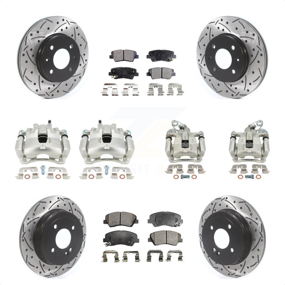 Front Rear Disc Brake Coated Caliper Drilled Slotted Rotors And Semi-Metallic Pads Kit (10Pc) For 2012-2016 Hyundai Accent KCD-100421P by Transit Auto