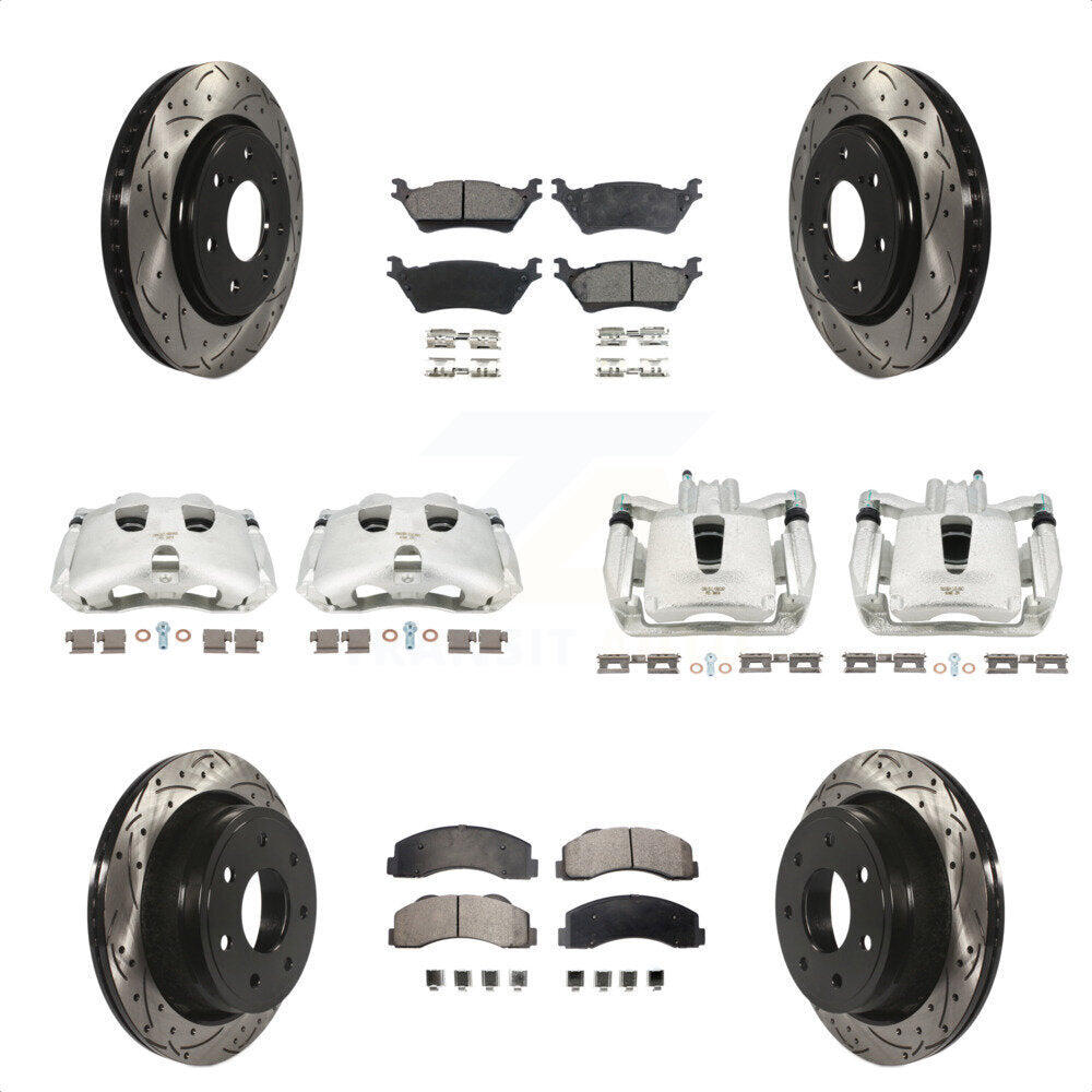 Front Rear Disc Brake Coated Caliper Drilled Slotted Rotors And Semi-Metallic Pads Kit (10Pc) For 2012-2014 Ford F-150 With 7 Lug Wheels KCD-100428P by Transit Auto