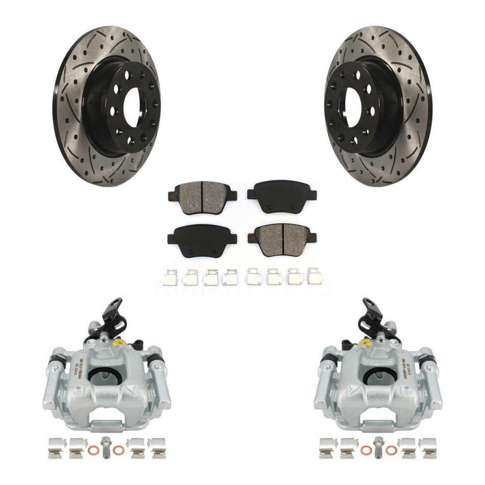 Rear Disc Brake Coated Caliper Drilled Slotted Rotors And Semi-Metallic Pads Kit For Volkswagen Jetta Passat Golf GTI Beetle Eos Audi A3 Quattro KCD-100429S by Transit Auto