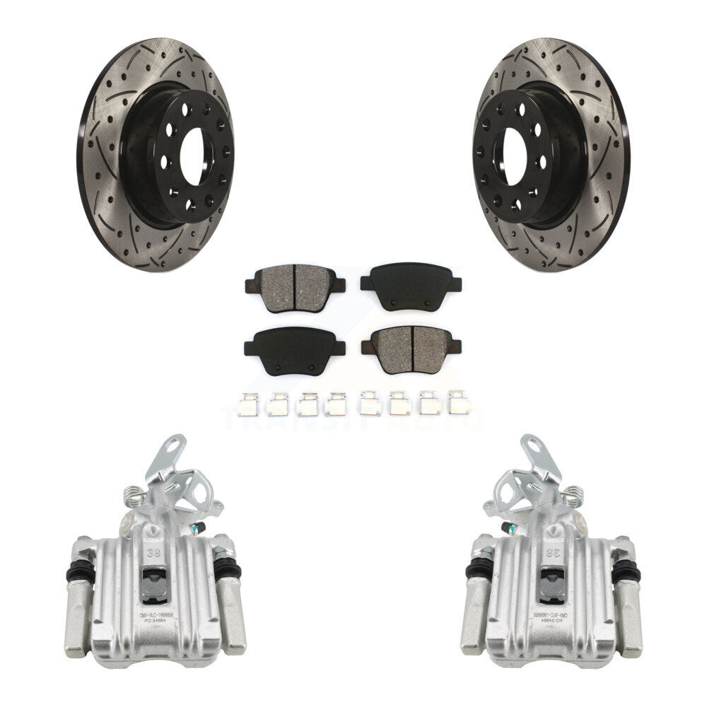 Rear Brake Caliper Drill Slotted Rotor Semi-Metallic Pad Kit For Volkswagen Jetta Beetle KCD-100430S