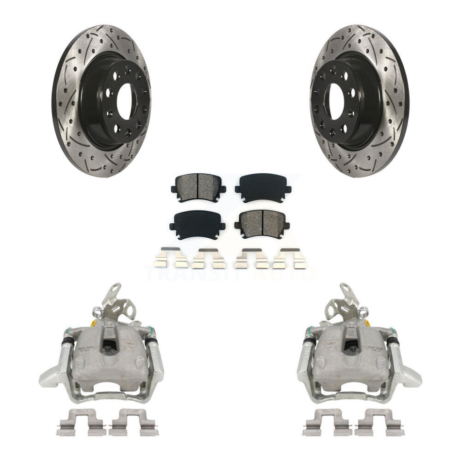 Rear Disc Brake Coated Caliper Drilled Slotted Rotors And Semi-Metallic Pads Kit For Volkswagen GTI Audi A3 Quattro With 282mm Diameter Rotor KCD-100432S by Transit Auto