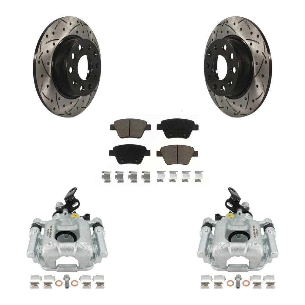 Rear Disc Brake Coated Caliper Drilled Slotted Rotors And Ceramic Pads Kit For Volkswagen Jetta Passat Golf GTI Beetle Eos Audi A3 Quattro KCD-100433C by Transit Auto