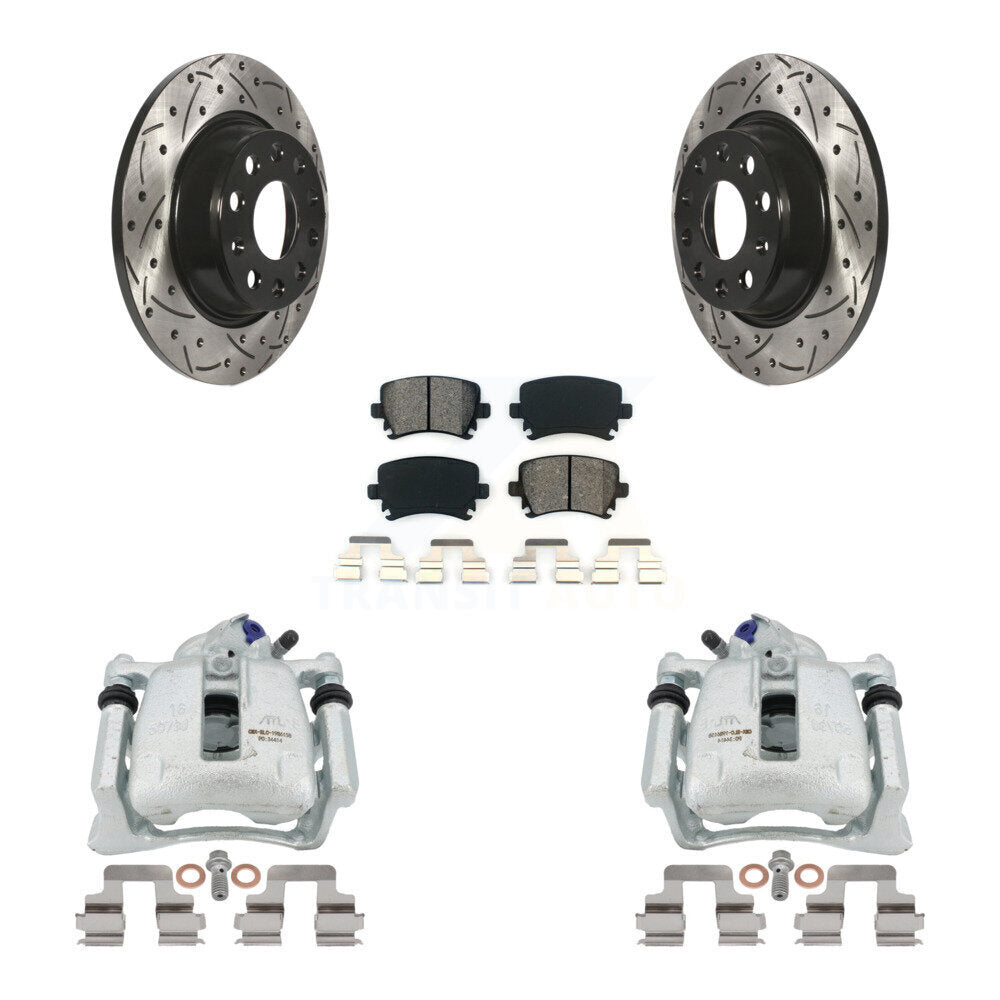 Rear Disc Brake Coated Caliper Drilled Slotted Rotors And Semi-Metallic Pads Kit For Volkswagen Tiguan CC KCD-100434S by Transit Auto