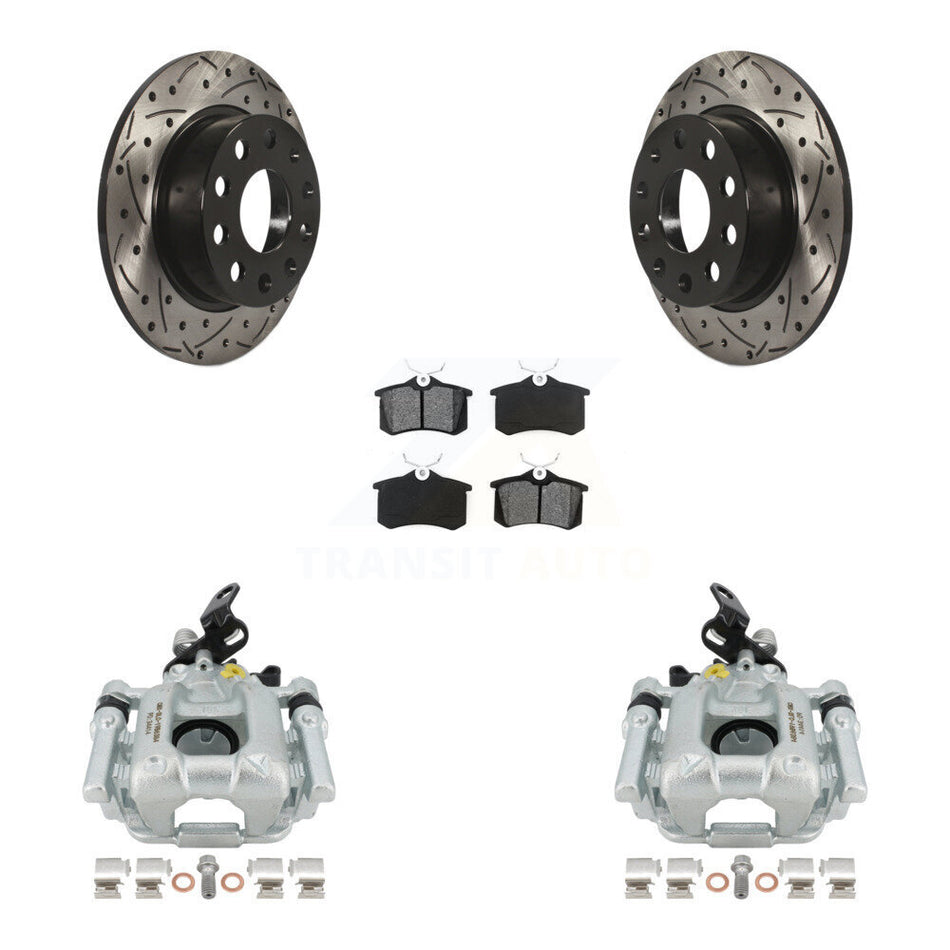 Rear Disc Brake Coated Caliper Drilled Slotted Rotors And Semi-Metallic Pads Kit For 2010 Audi A3 GAS engine With 253mm Diameter Rotor KCD-100435S by Transit Auto