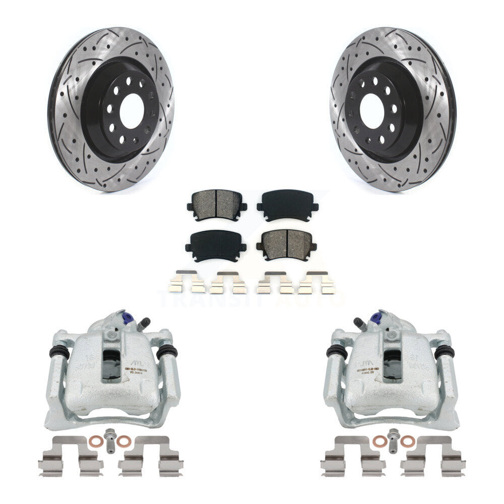 Rear Disc Brake Coated Caliper Drilled Slotted Rotors And Semi-Metallic Pads Kit For Volkswagen CC Passat KCD-100436S by Transit Auto