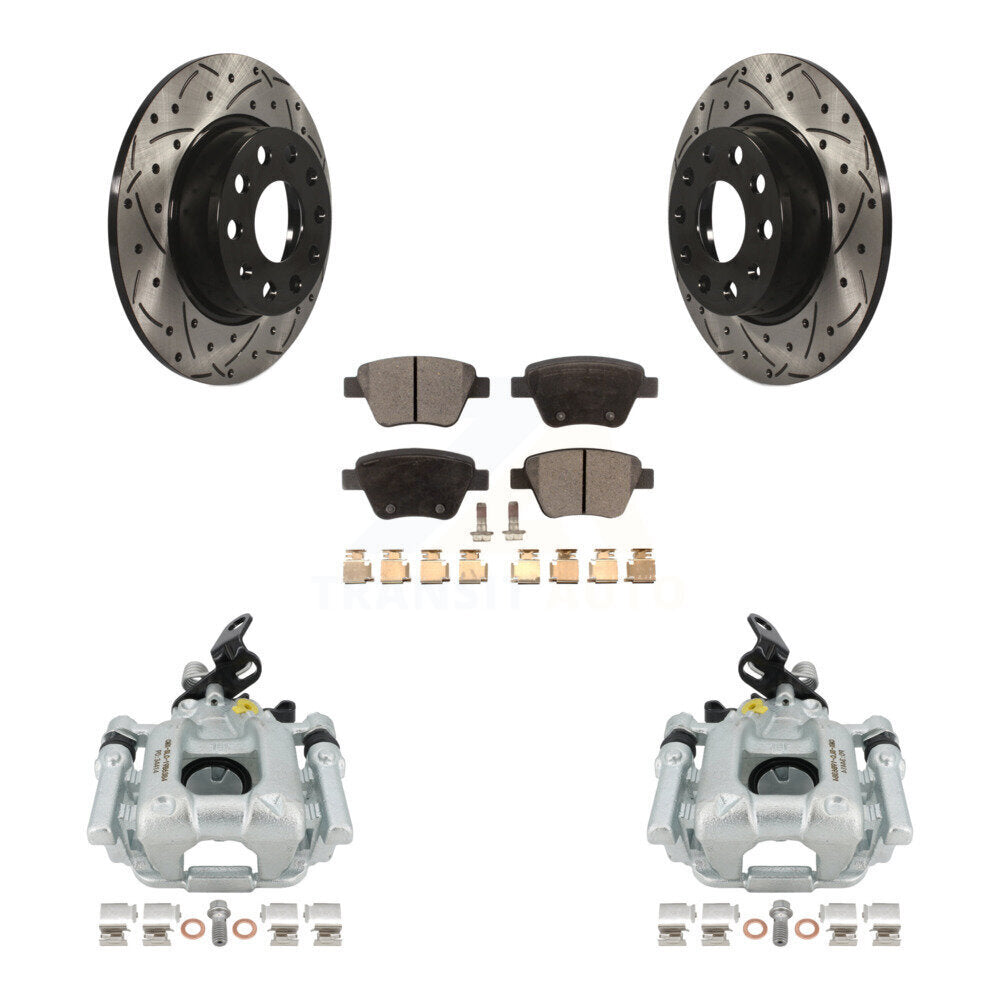 Rear Disc Brake Coated Caliper Drilled Slotted Rotors And Semi-Metallic Pads Kit For Volkswagen Jetta Passat Golf GTI Beetle Eos Audi A3 Quattro KCD-100439P by Transit Auto