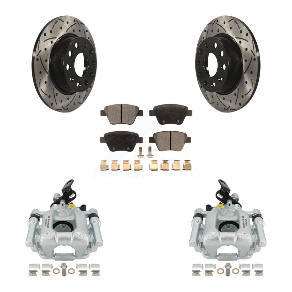 Rear Disc Brake Coated Caliper Drilled Slotted Rotors And Semi-Metallic Pads Kit For Volkswagen Jetta Passat Golf GTI Beetle Eos Audi A3 Quattro KCD-100439P by Transit Auto