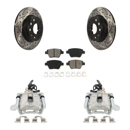 Rear Disc Brake Coated Caliper Drilled Slotted Rotor And Semi-Metallic Pad Kit For 2010 Volkswagen Jetta TDI Cup Edition with 2.0L DIESEL engine With 272mm Diameter KCD-100439S by Transit Auto