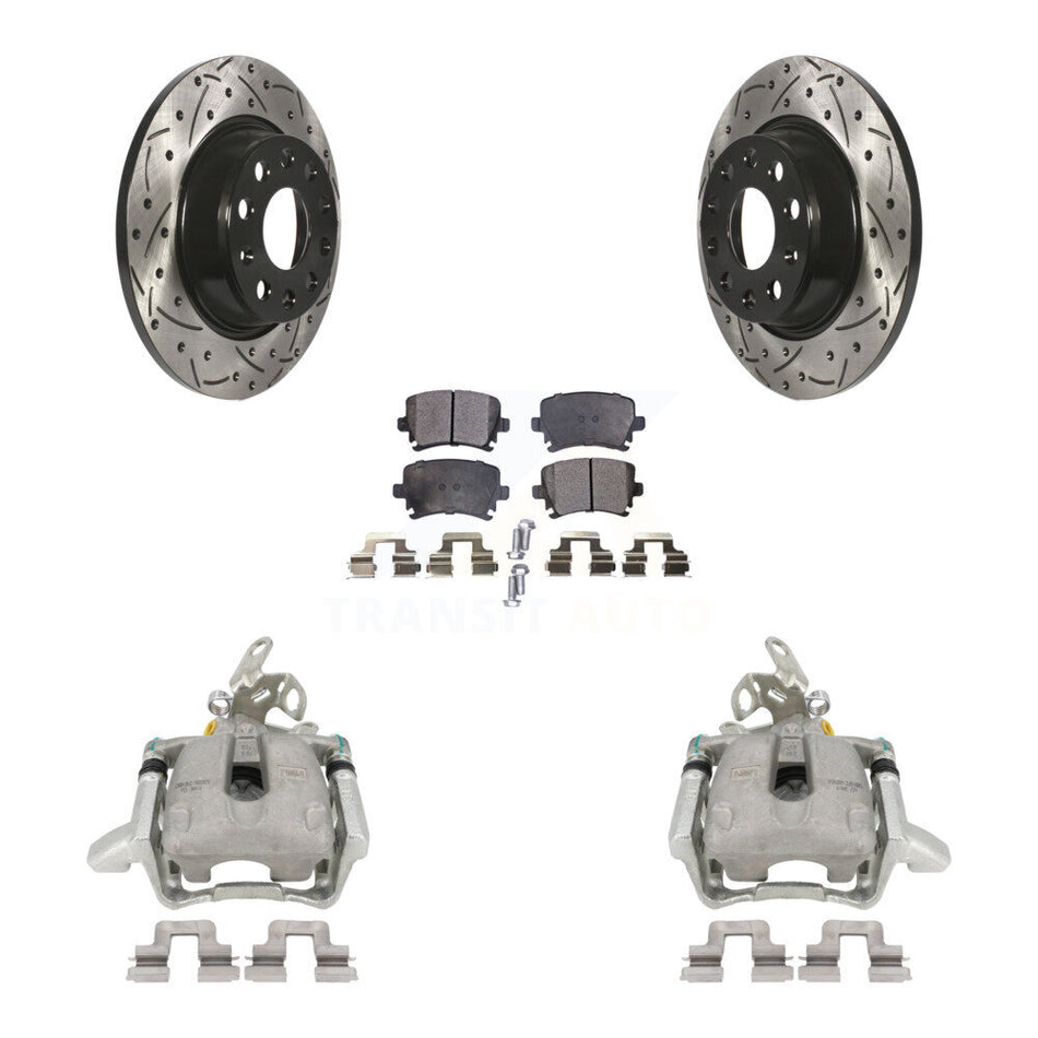 Rear Disc Brake Coated Caliper Drilled Slotted Rotors And Semi-Metallic Pads Kit For Volkswagen GTI Audi A3 Quattro With 282mm Diameter Rotor KCD-100442P by Transit Auto