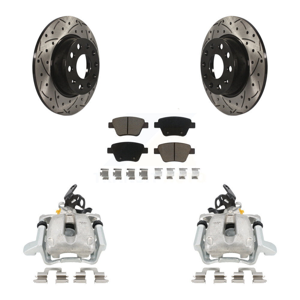 Rear Disc Brake Coated Caliper Drilled Slotted Rotors And Ceramic Pads Kit For 2010 Volkswagen Jetta TDI Cup Edition with 2.0L DIESEL engine With 272mm Diameter Rotor KCD-100443C by Transit Auto