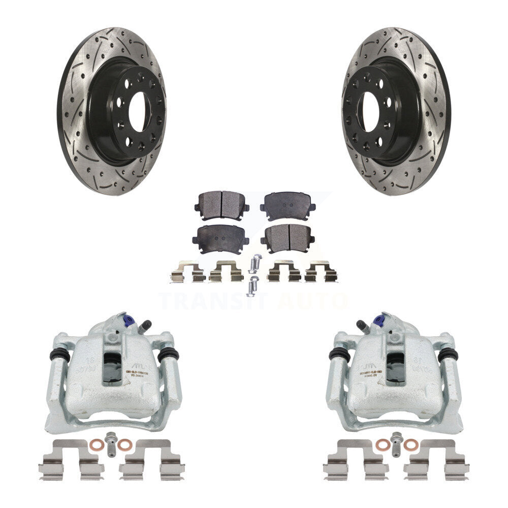 Rear Disc Brake Coated Caliper Drilled Slotted Rotors And Ceramic Pads Kit For Volkswagen Tiguan CC KCD-100448T by Transit Auto