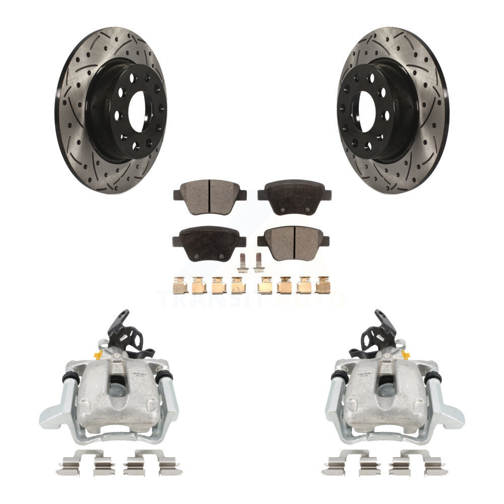 Rear Disc Brake Coated Caliper Drilled Slotted Rotor And Semi-Metallic Pad Kit For 2010 Volkswagen Jetta TDI Cup Edition with 2.0L DIESEL engine With 272mm Diameter KCD-100449P by Transit Auto