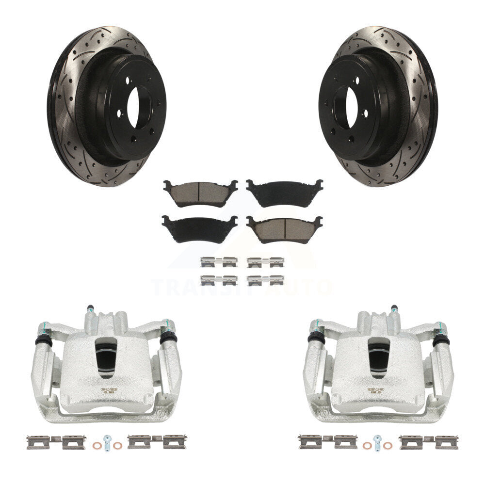 Rear Disc Brake Coated Caliper Drilled Slotted Rotors And Ceramic Pads Kit For Ford F-150 KCD-100451C by Transit Auto