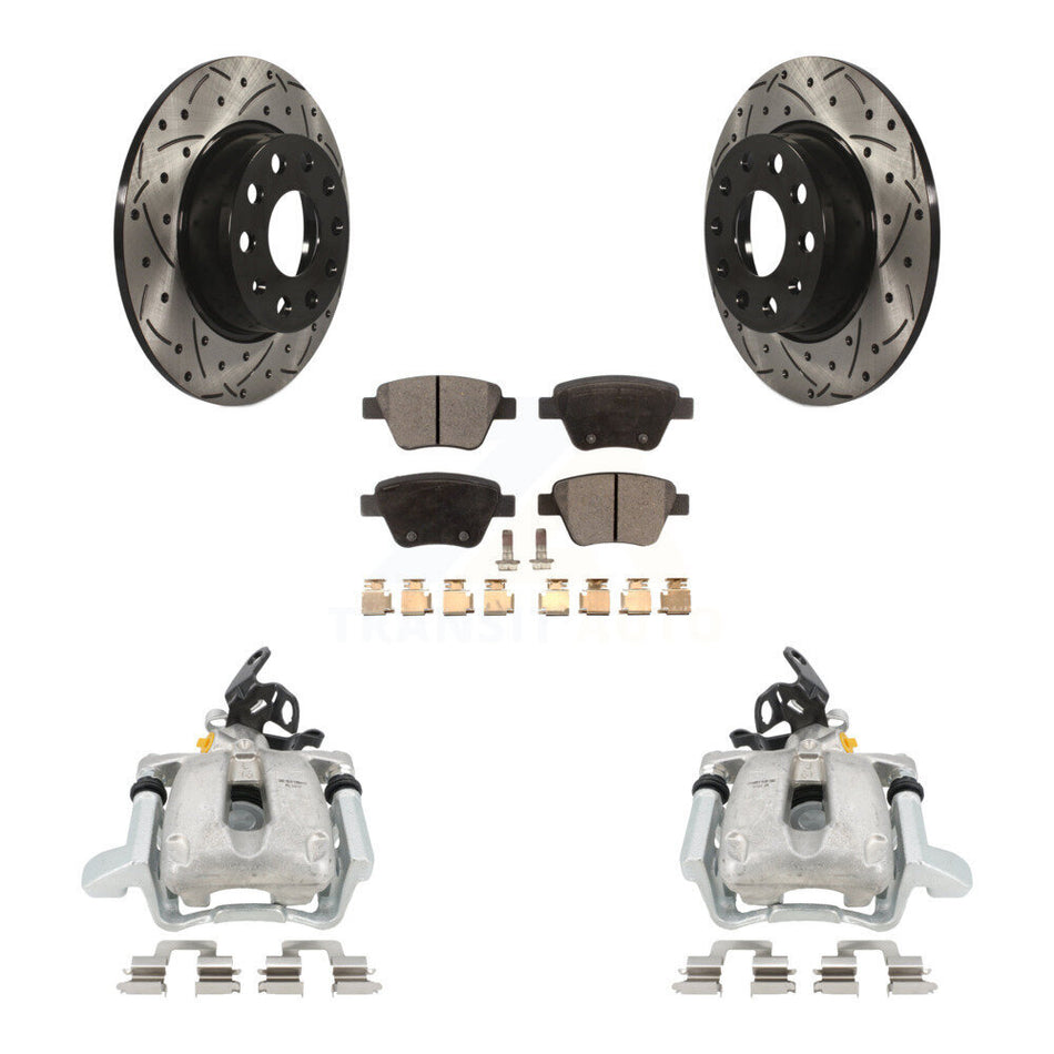 Rear Disc Brake Coated Caliper Drilled Slotted Rotors And Ceramic Pads Kit For 2010 Volkswagen Jetta TDI Cup Edition with 2.0L DIESEL engine With 272mm Diameter Rotor KCD-100453T by Transit Auto