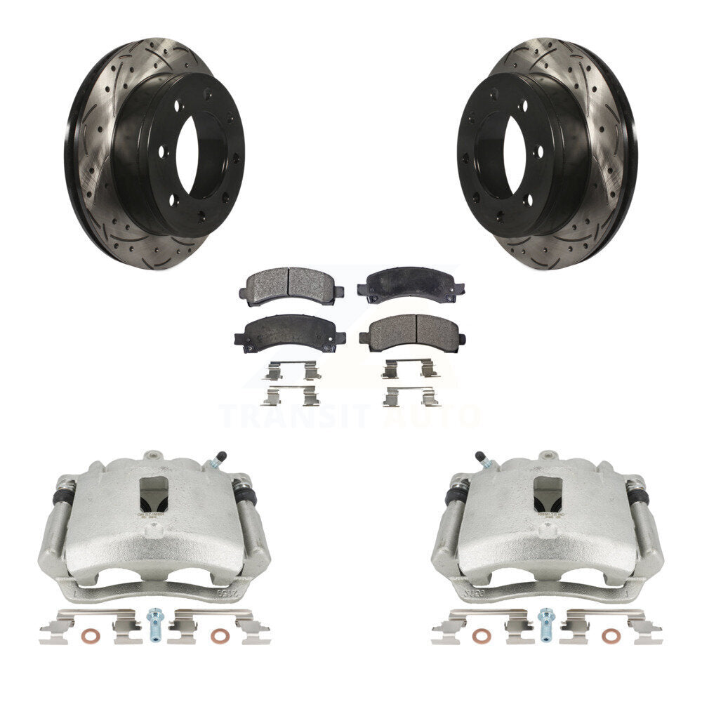 Rear Disc Brake Coated Caliper Drilled Slotted Rotors And Semi-Metallic Pads Kit For Chevrolet Express 2500 3500 GMC Savana KCD-100477P by Transit Auto