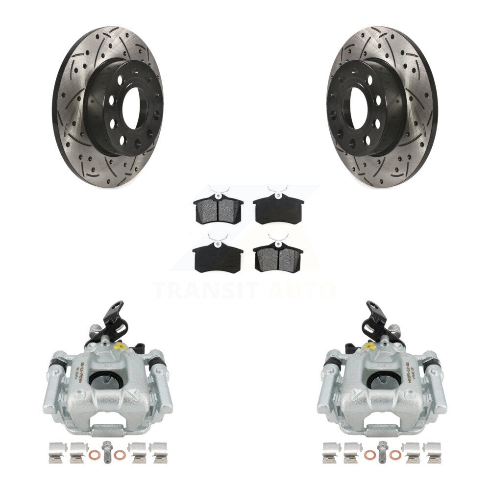 Rear Disc Brake Coated Caliper Drilled Slotted Rotors And Semi-Metallic Pads Kit For 2011 Volkswagen Golf 2.0L With 256mm Diameter Rotor KCD-100499S by Transit Auto