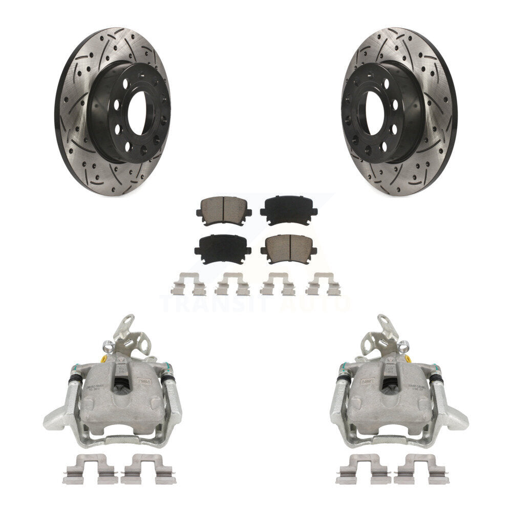 Rear Disc Brake Coated Caliper Drilled Slotted Rotors And Ceramic Pads Kit For Volkswagen Jetta Rabbit KCD-100506C by Transit Auto