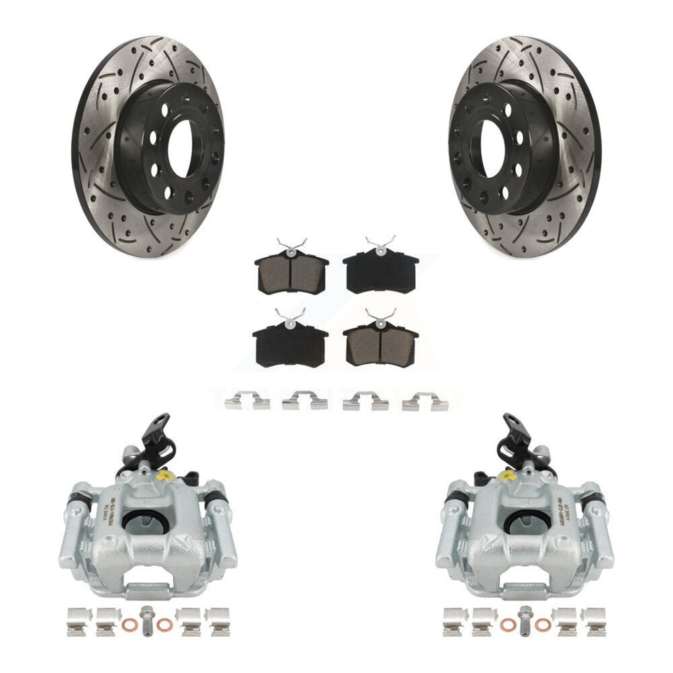 Rear Disc Brake Coated Caliper Drilled Slotted Rotors And Ceramic Pads Kit For 2011 Volkswagen Golf 2.0L With 256mm Diameter Rotor KCD-100507C by Transit Auto