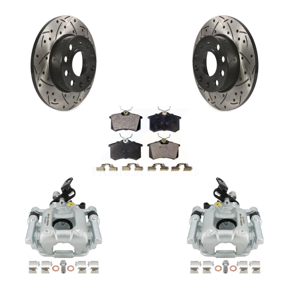 Rear Disc Brake Coated Caliper Drilled Slotted Rotors And Semi-Metallic Pads Kit For 2011 Volkswagen Golf 2.0L With 256mm Diameter Rotor KCD-100514P by Transit Auto