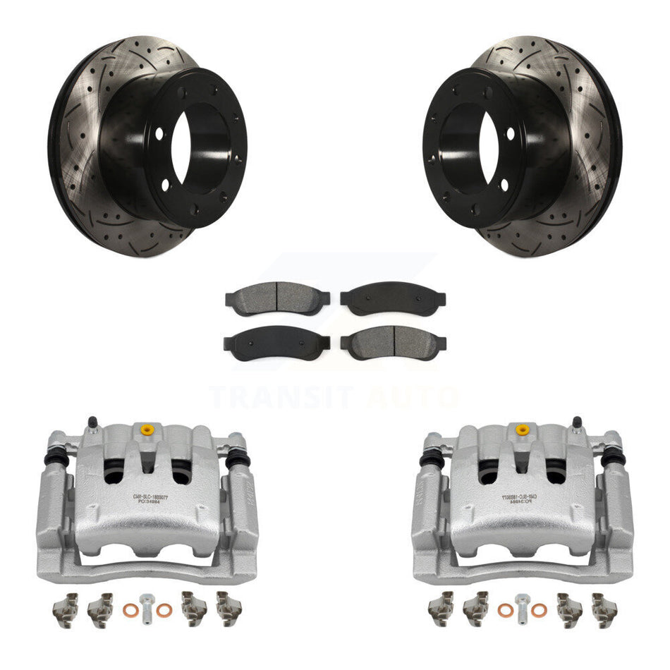 Rear Brake Coat Caliper Drill Slot Rotor Semi-Metallic Pad Kit For Ford F-250 Super Duty KCD-100514S