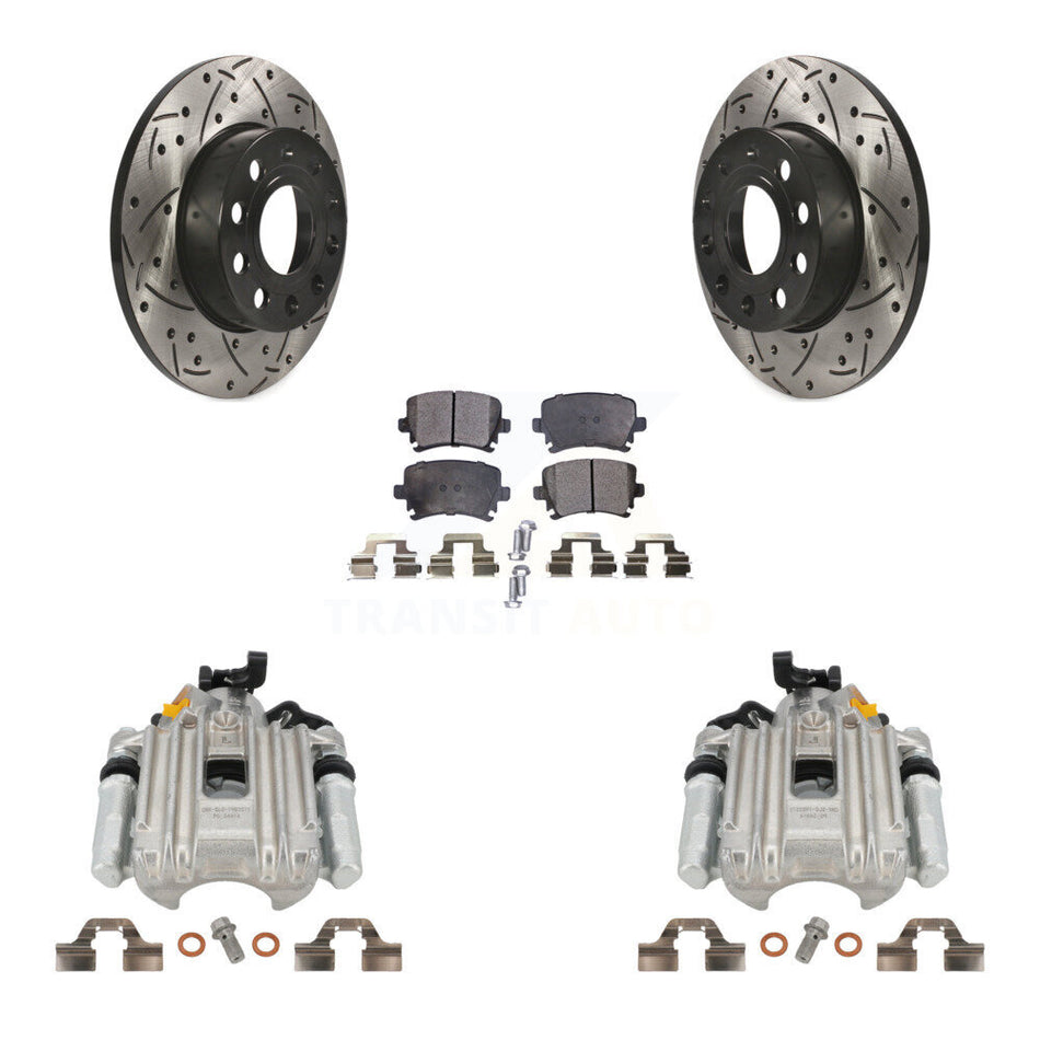 Rear Disc Brake Coated Caliper Drilled Slotted Rotors And Ceramic Pads Kit For Volkswagen Jetta With 260mm Diameter Rotor 7th 8th Digit Of VIN Is "1K" KCD-100516T by Transit Auto