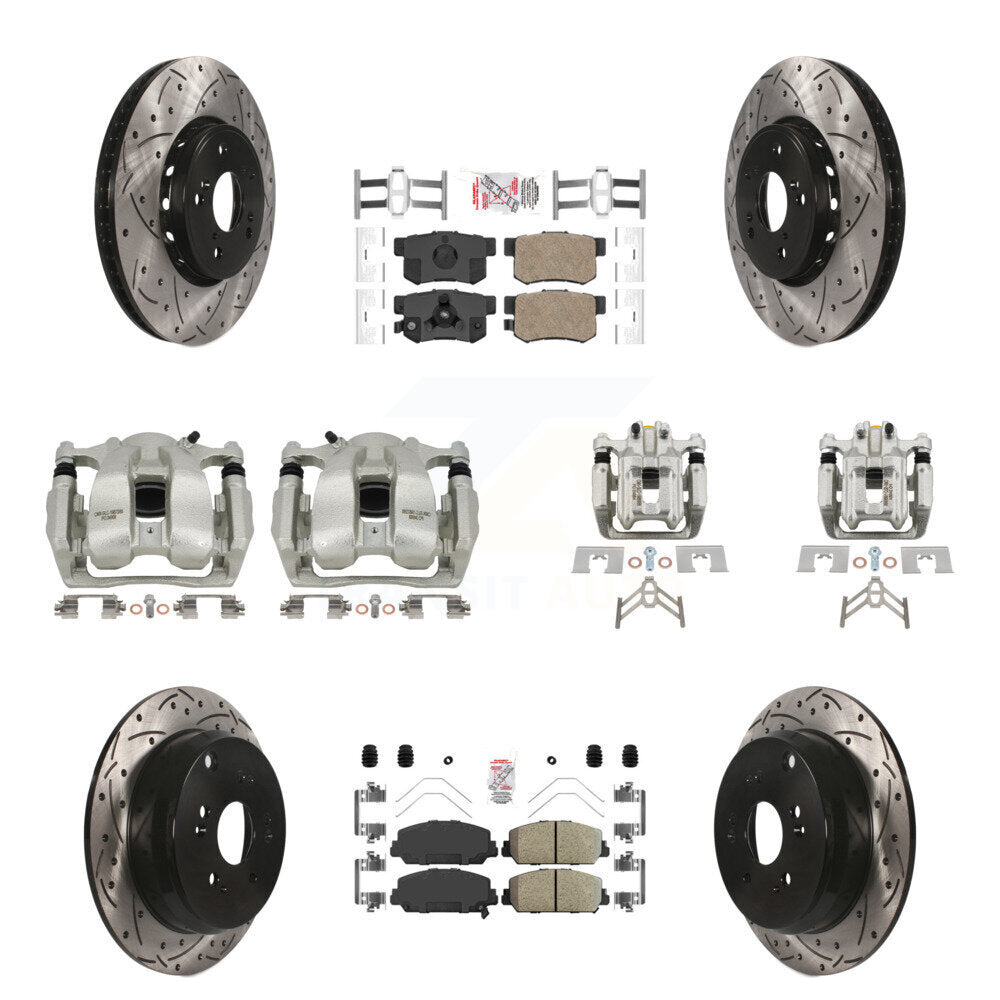 Front Rear Brake Caliper Drill Slot Rotor Ceramic Pad Kit (10Pc) For 2016-2018 Acura RDX KCD-100547N