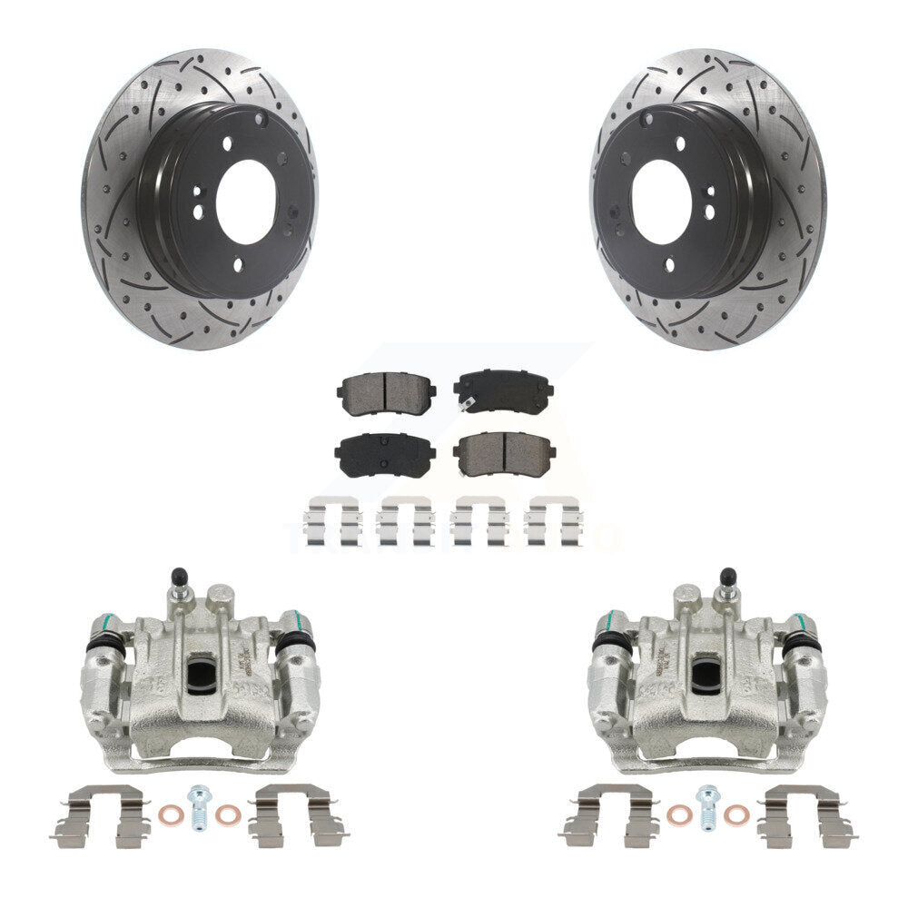 Rear Brake Caliper Drill Slot Rotors Semi-Metallic Pad Kit For Hyundai Sonata Kia Optima KCD-100549S