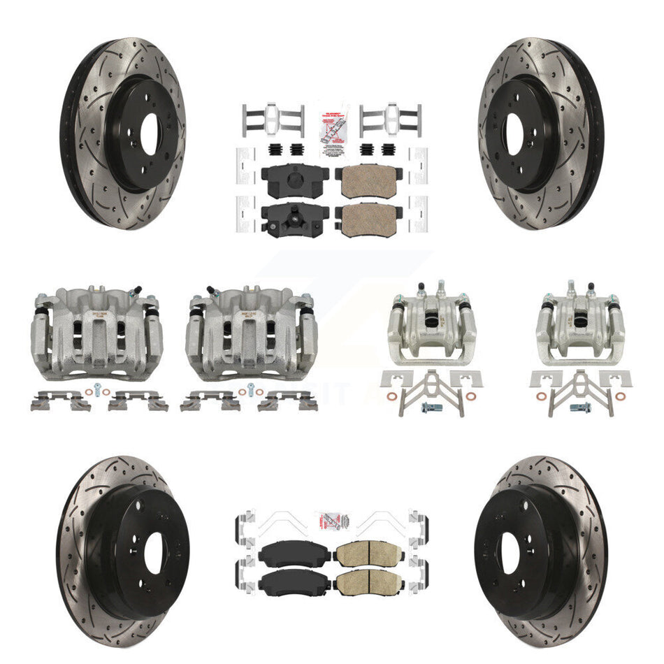 Front Rear Brake Caliper Drill Slotted Rotor Ceramic Pad Kit (10Pc) For Honda CR-V Acura KCD-100552N