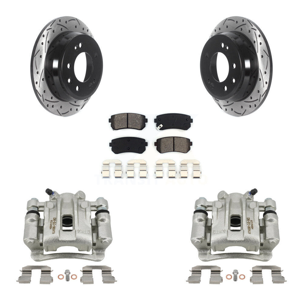 Rear Brake Coated Caliper Drill Slotted Rotors Semi-Metallic Pad Kit For Hyundai Elantra KCD-100553S