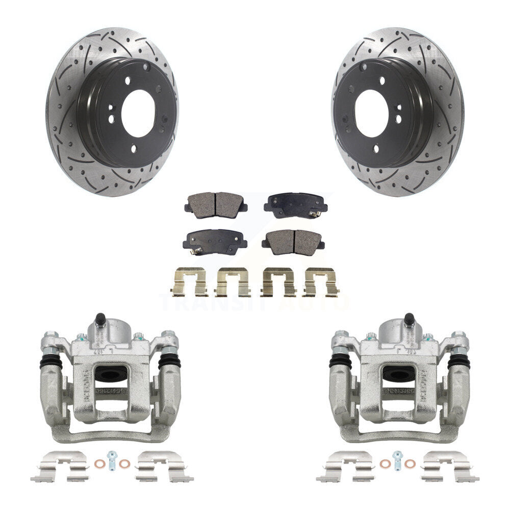 Rear Brake Caliper Drill Slot Rotors Semi-Metallic Pad Kit For Hyundai Sonata Kia Optima KCD-100555P