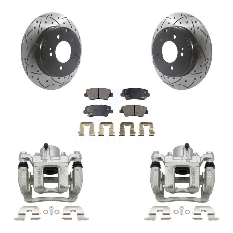 Rear Brake Caliper Drill Slot Rotors Semi-Metallic Pad Kit For Hyundai Sonata Kia Optima KCD-100555P