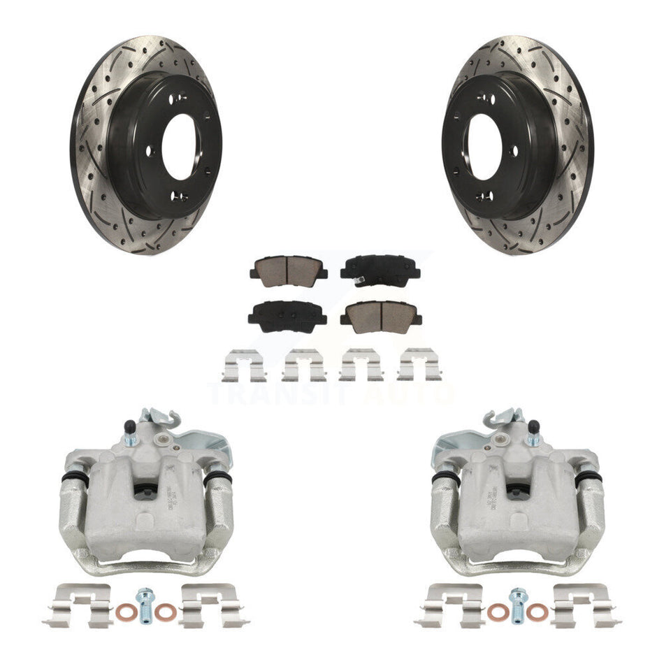 Rear Disc Brake Coated Caliper Drilled Slot Rotor Ceramic Pad Kit For 2014-2016 Kia Soul KCD-100563C