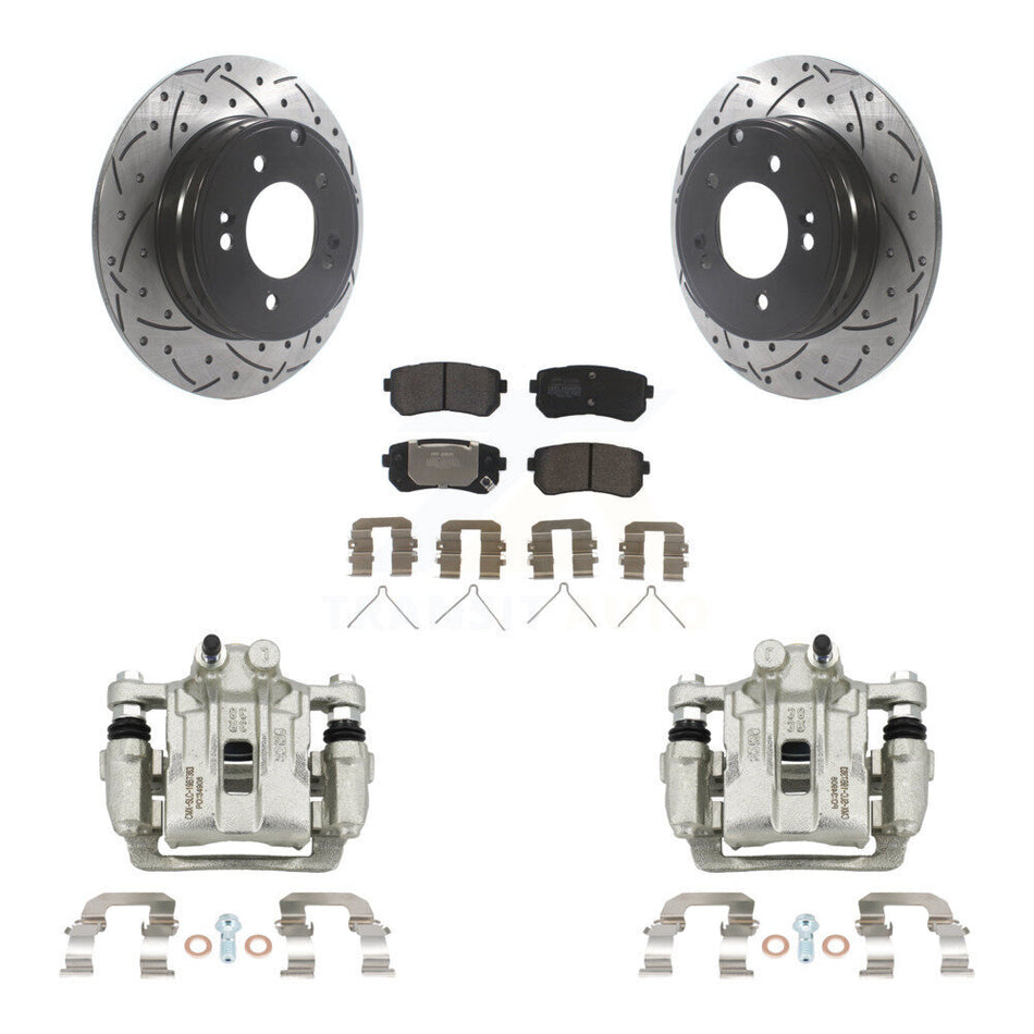 Rear Brake Caliper Drill Slot Rotors Semi-Metallic Pad Kit For Hyundai Sonata Kia Optima KCD-100563P