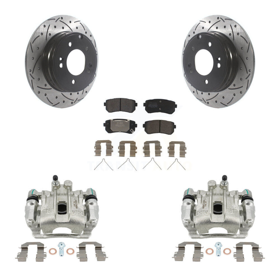 Rear Brake Caliper Drill Slot Rotors Semi-Metallic Pad Kit For Hyundai Sonata Kia Optima KCD-100564P