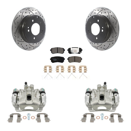 Rear Brake Coated Caliper Drill Slot Rotor Ceramic Pad Kit For Hyundai Sonata Kia Optima KCD-100568T