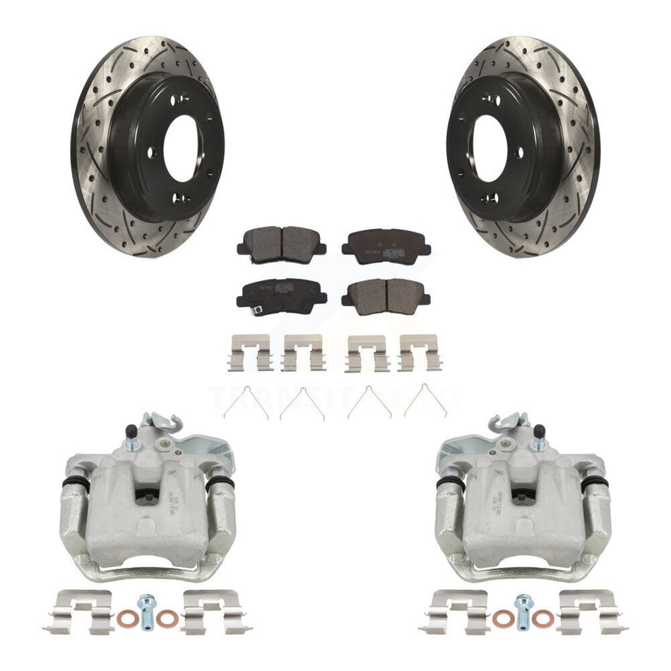 Rear Disc Brake Coated Caliper Drilled Slot Rotor Ceramic Pad Kit For 2017-2018 Kia Soul KCD-100576T
