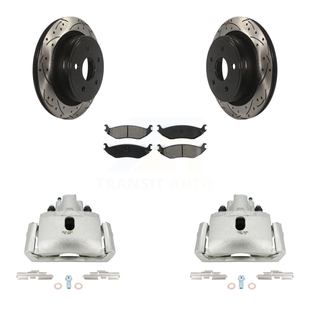 Rear Disc Brake Coated Caliper Drill Slot Rotor Semi-Metallic Pad Kit For Dodge Ram 1500 KCD-100592S