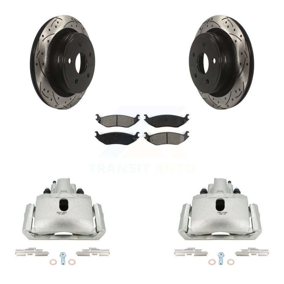 Rear Disc Brake Coated Caliper Drill Slot Rotor Semi-Metallic Pad Kit For Dodge Ram 1500 KCD-100592S