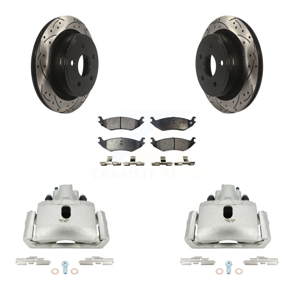 Rear Disc Brake Coated Caliper Drill Slot Rotor Semi-Metallic Pad Kit For Dodge Ram 1500 KCD-100606P
