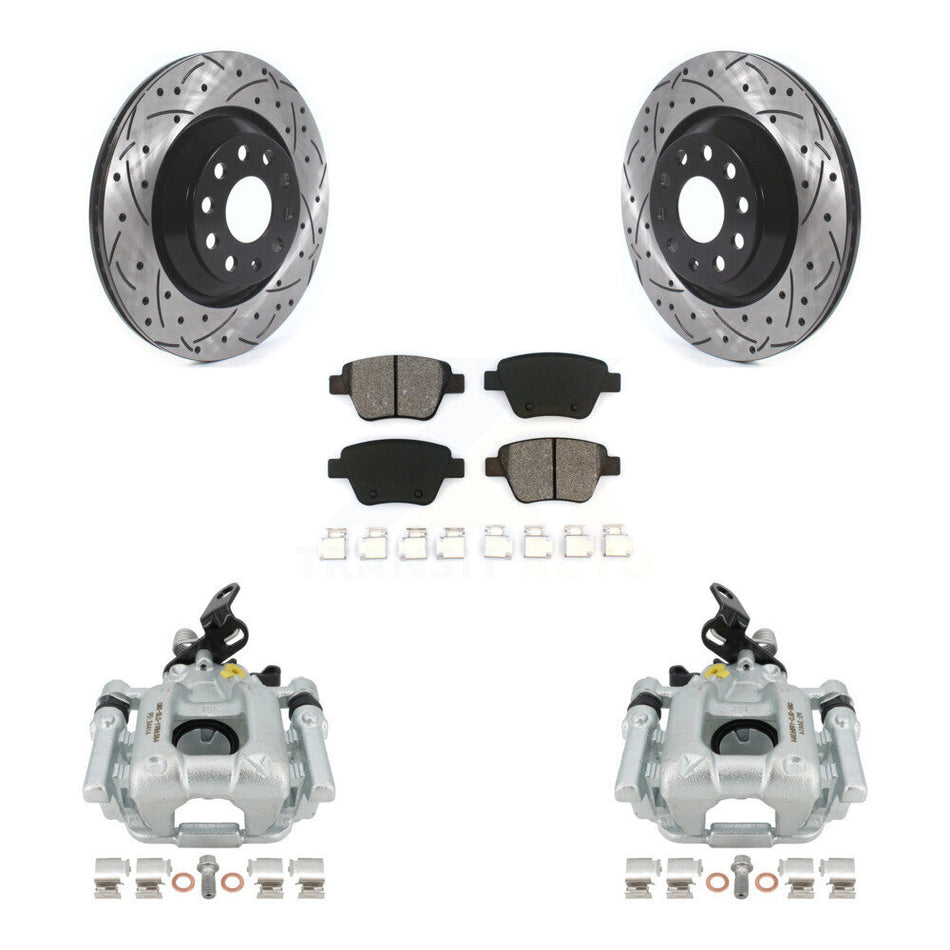 Rear Disc Brake Coated Caliper Drilled Slotted Rotors And Semi-Metallic Pads Kit For 2013 Volkswagen GTI With 310mm Diameter Rotor KCD-100606S by Transit Auto