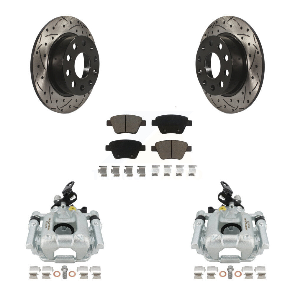 Rear Disc Brake Coated Caliper Drilled Slotted Rotors And Ceramic Pads Kit For Volkswagen GTI Eos With 253mm Diameter Rotor KCD-100615C by Transit Auto