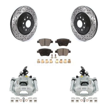 Rear Disc Brake Coated Caliper Drilled Slotted Rotors And Semi-Metallic Pads Kit For 2013 Volkswagen GTI With 310mm Diameter Rotor KCD-100620P by Transit Auto