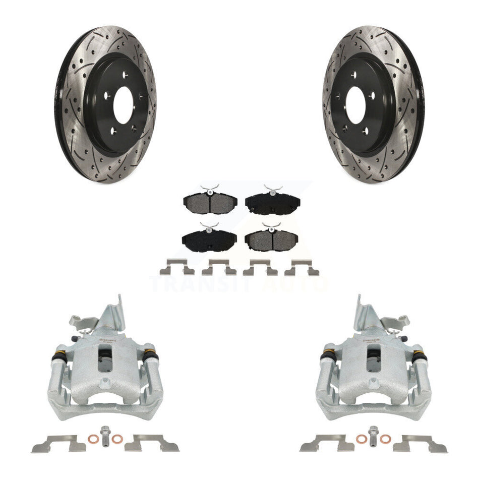 Rear Disc Brake Coated Caliper Drilled Slot Rotor Semi-Metallic Pad Kit For Ford Mustang KCD-100633S