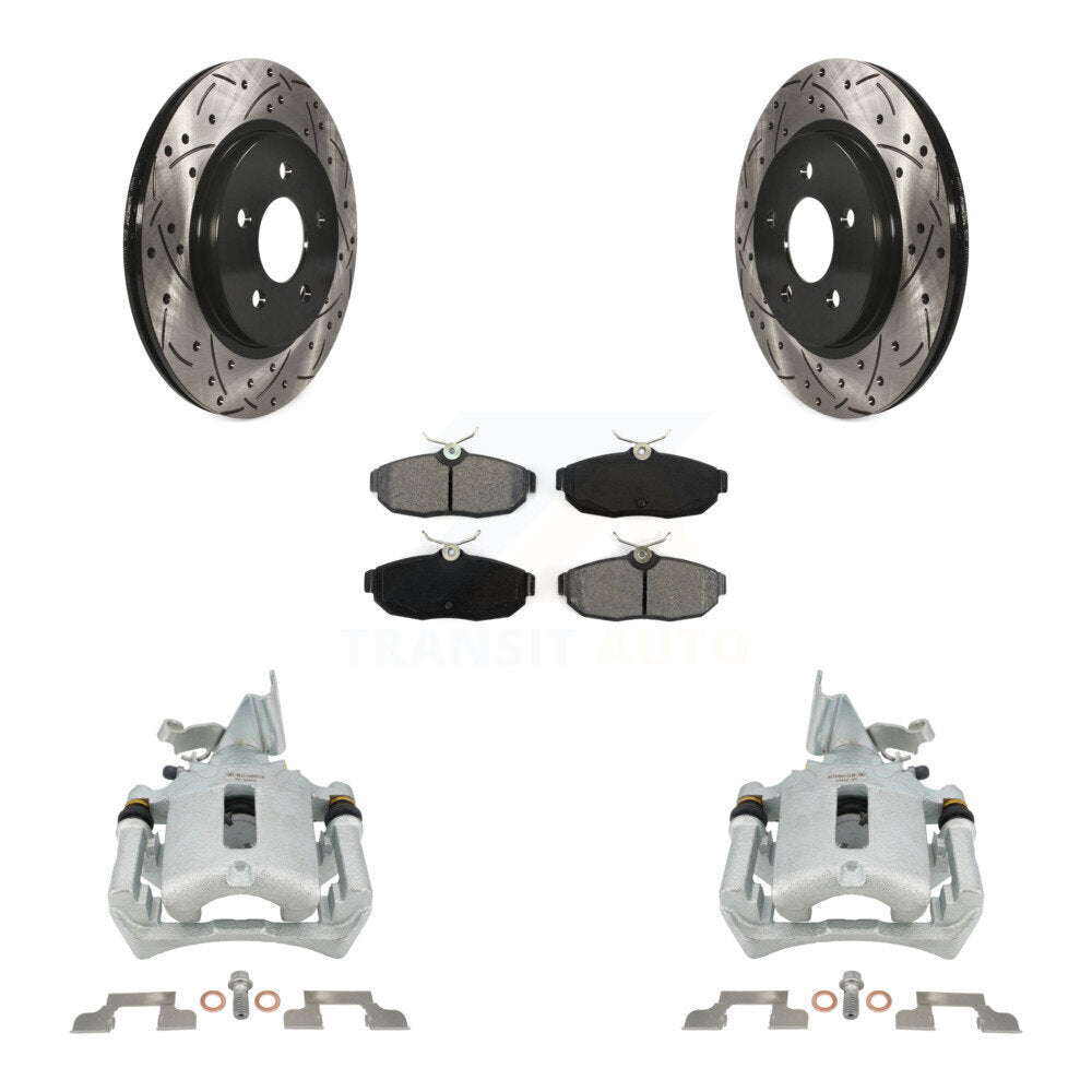 Rear Disc Brake Coated Caliper Drilled Slot Rotor Semi-Metallic Pad Kit For Ford Mustang KCD-100634S